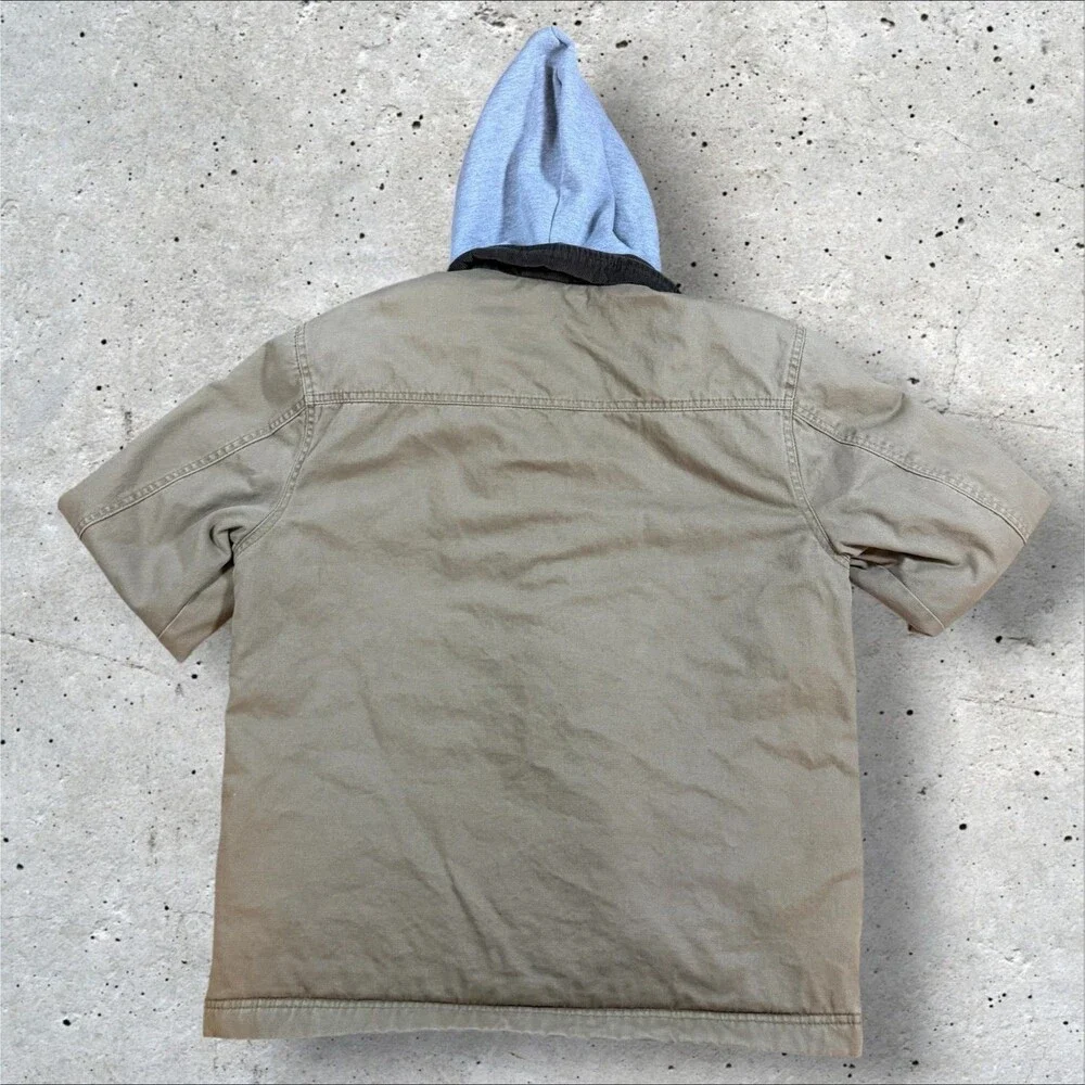 Billabong Hooded Canvas Work Jacket Tan Mens Size S Corduroy Collar Pullover